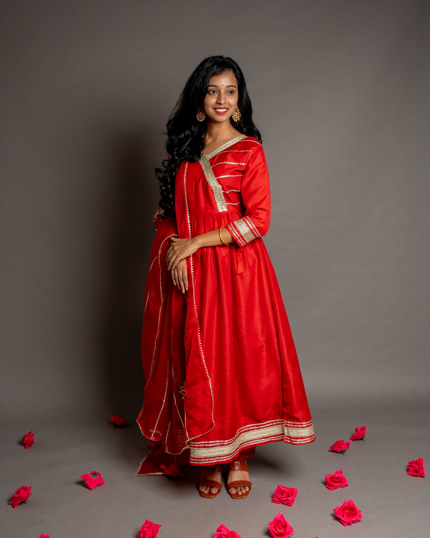 Tomato Red Gotta Patti Angrakha Muslin Cotton Festive Suit
