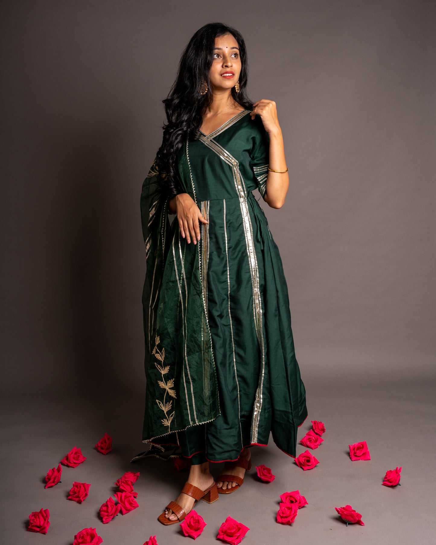 Forest Green Gotta Patti Angrakha Muslin Cotton Festive Suit