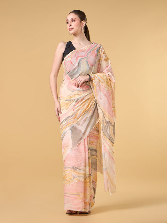 Pale Grey Hand Marble Printed Cotton Saree