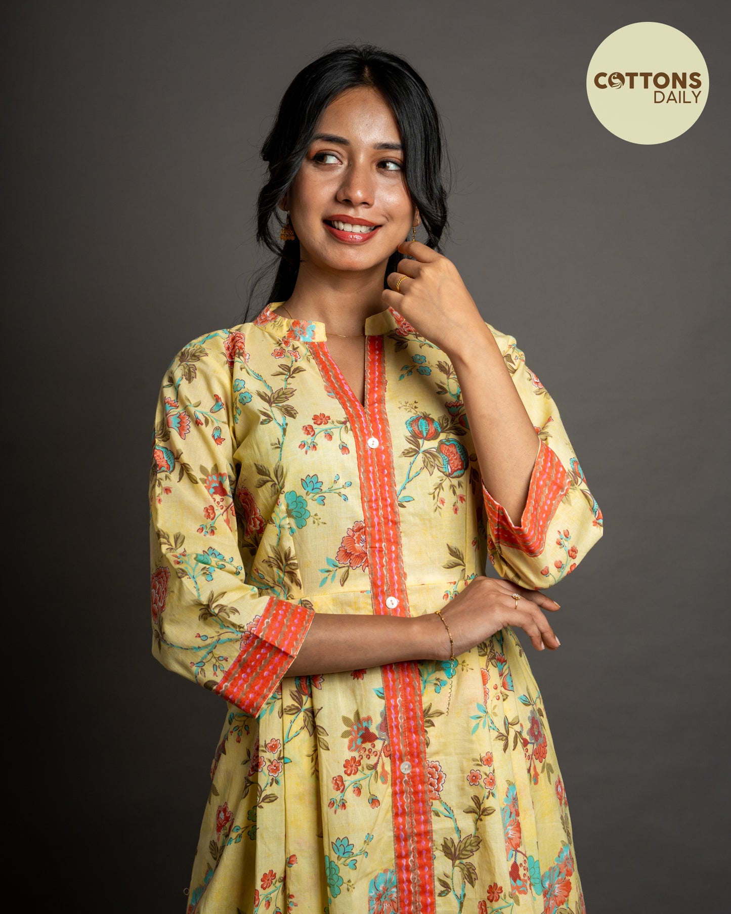 Lemon Yellow Floral Cotton Kurta Set