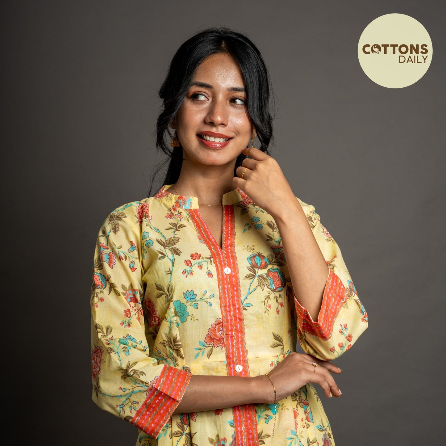 Lemon Yellow Floral Cotton Kurta Set