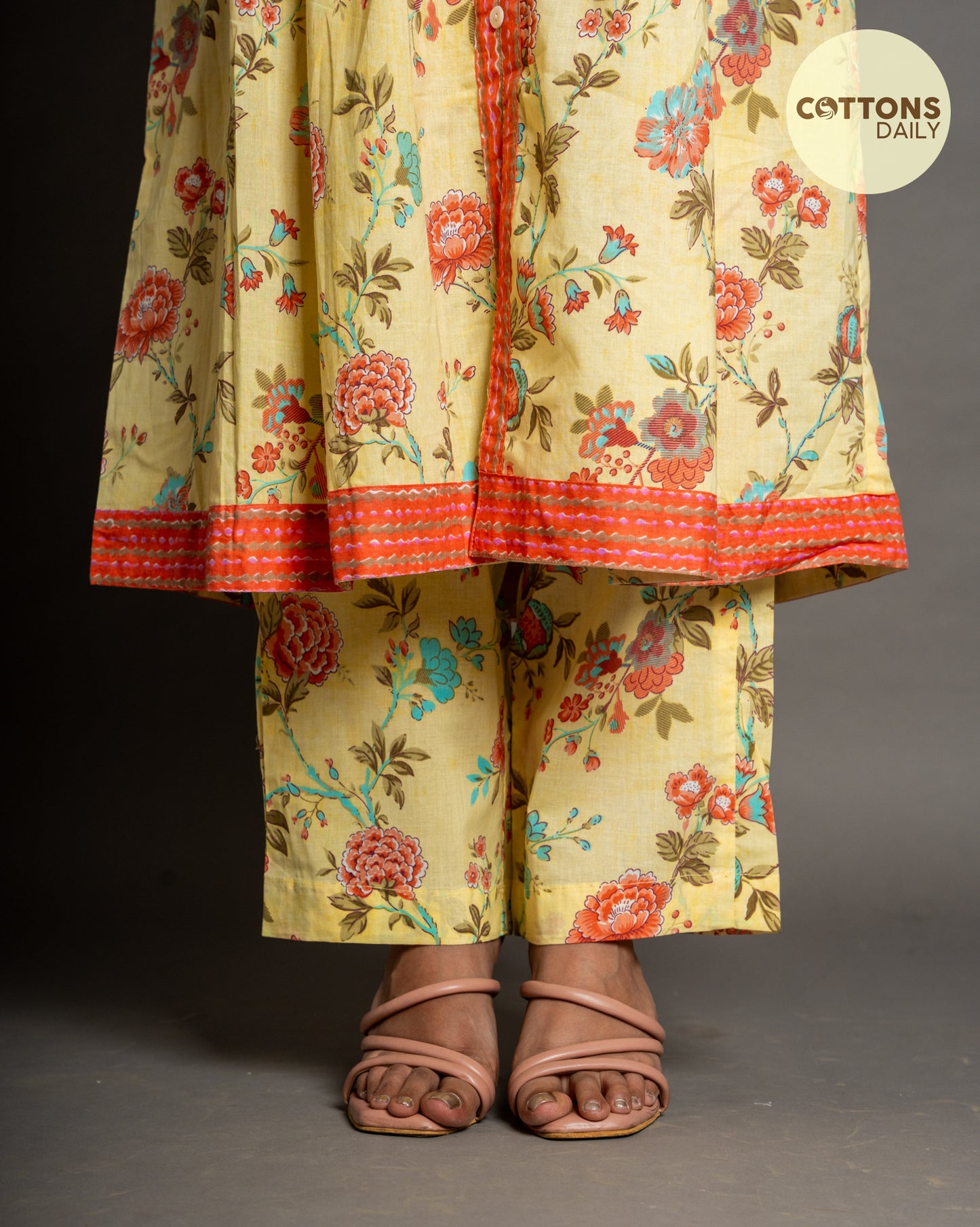 Lemon Yellow Floral Cotton Kurta Set