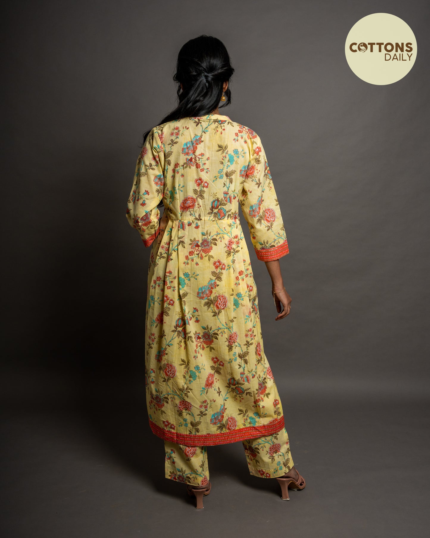 Lemon Yellow Floral Cotton Kurta Set
