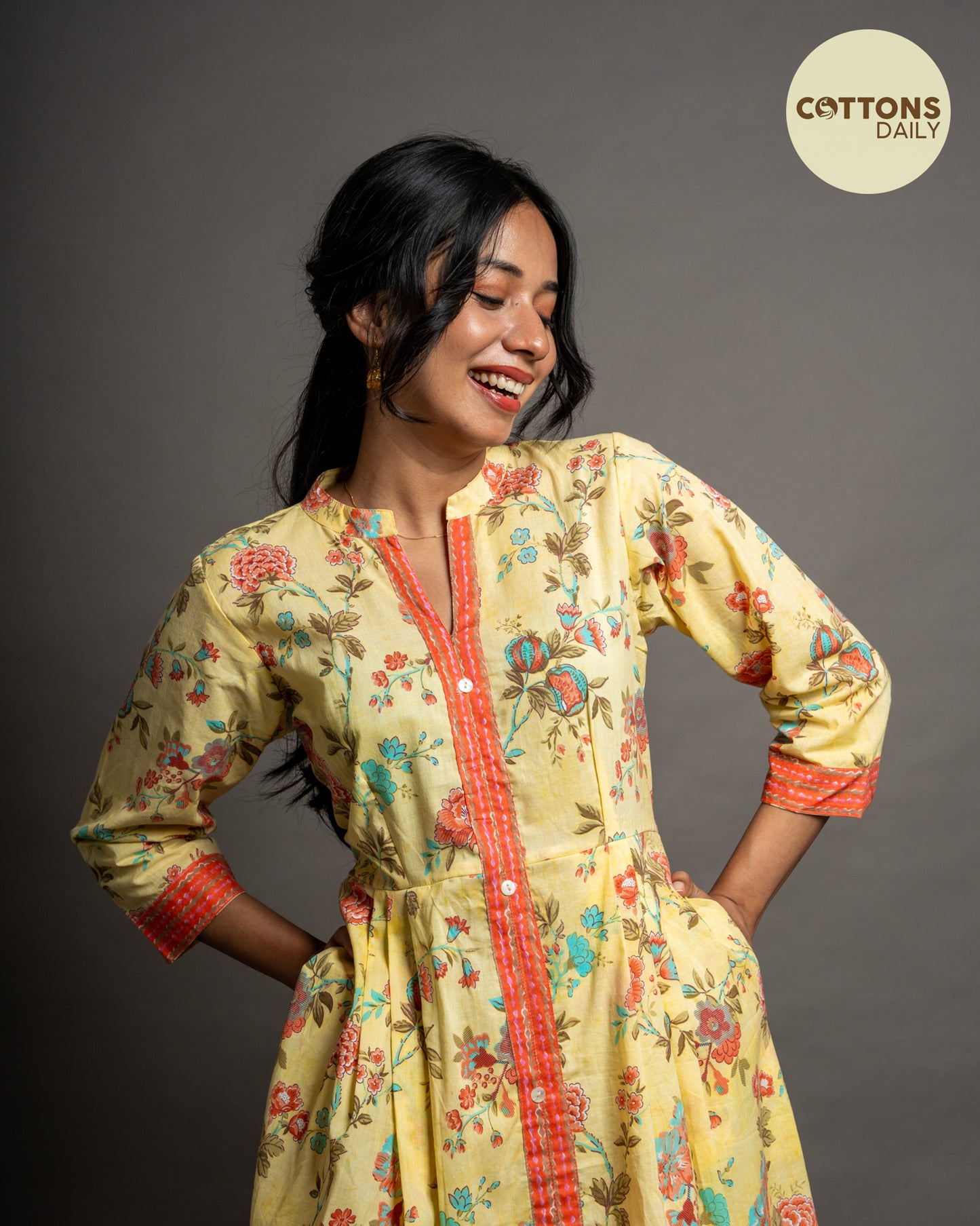 Lemon Yellow Floral Cotton Kurta Set