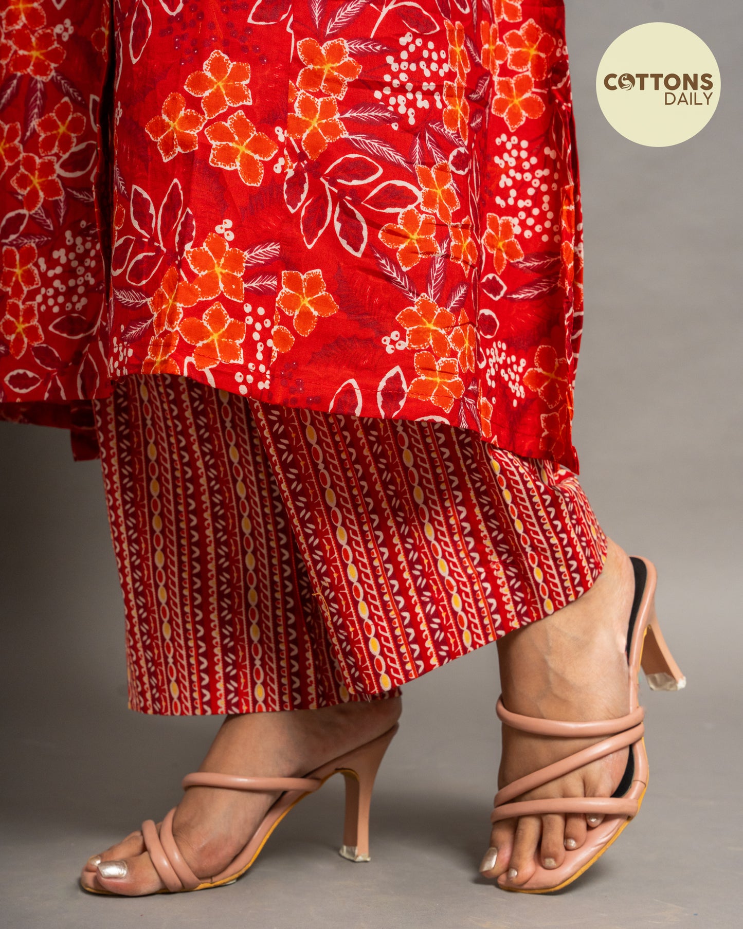Red Floral A-Line Cotton Kurta Set