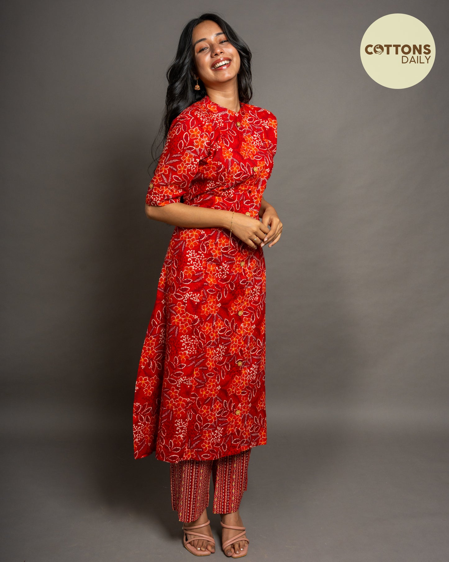 Red Floral A-Line Cotton Kurta Set