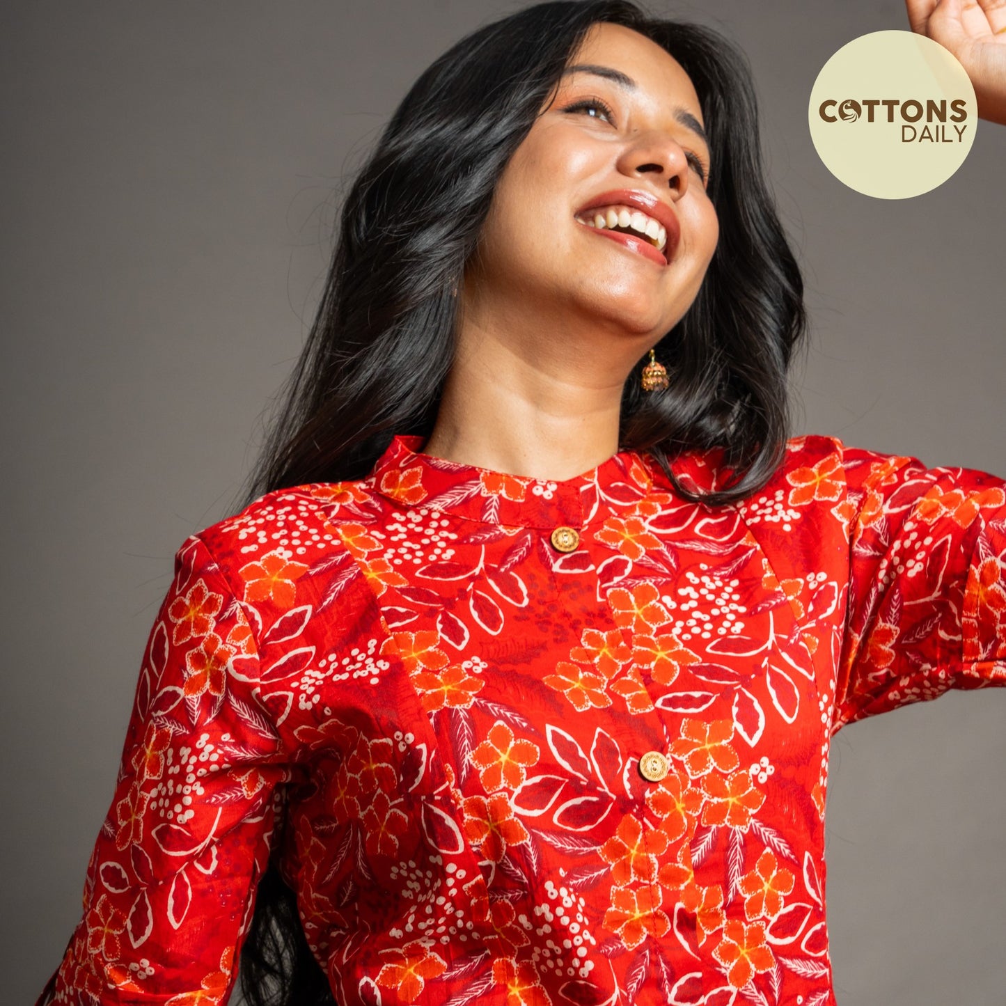 Red Floral A-Line Cotton Kurta Set