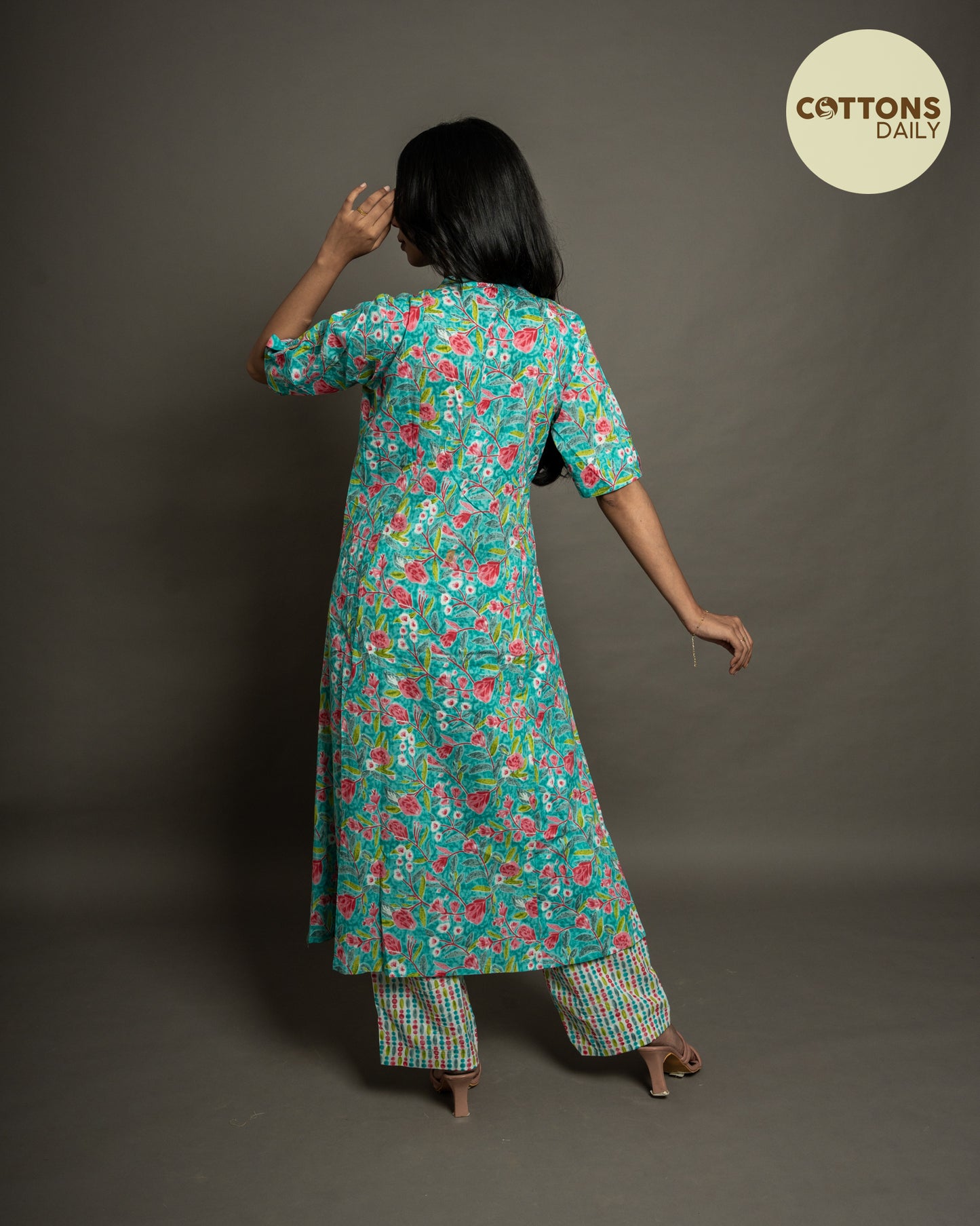 Blue Floral A-Line Cotton Kurta Set
