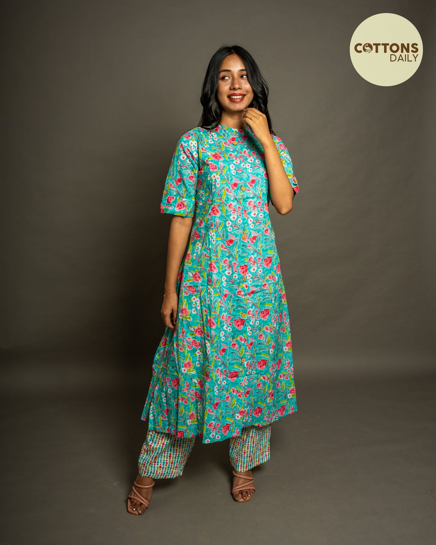 Blue Floral A-Line Cotton Kurta Set