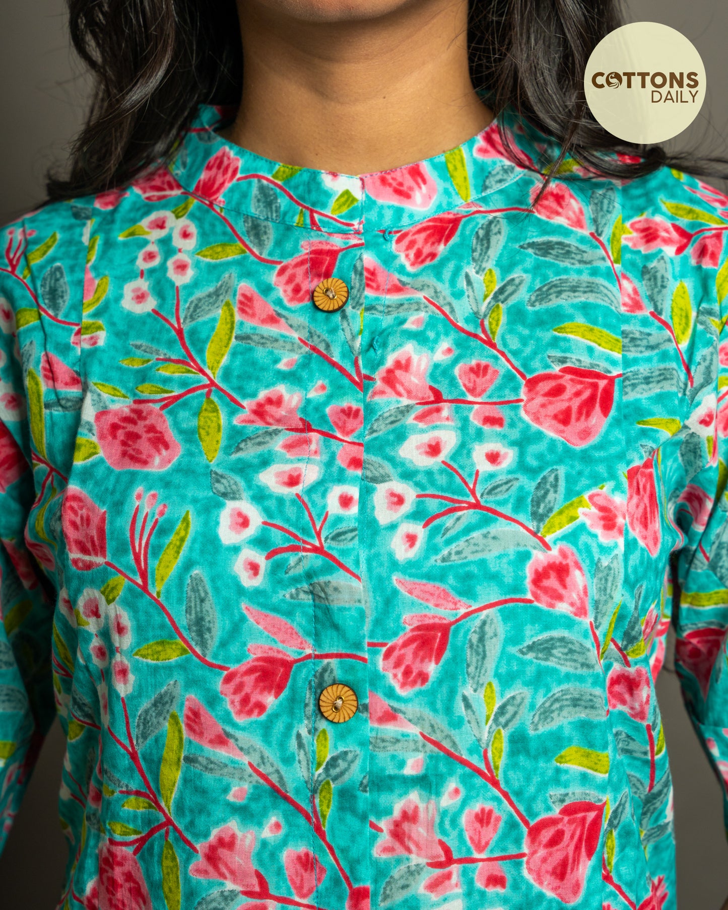 Blue Floral A-Line Cotton Kurta Set