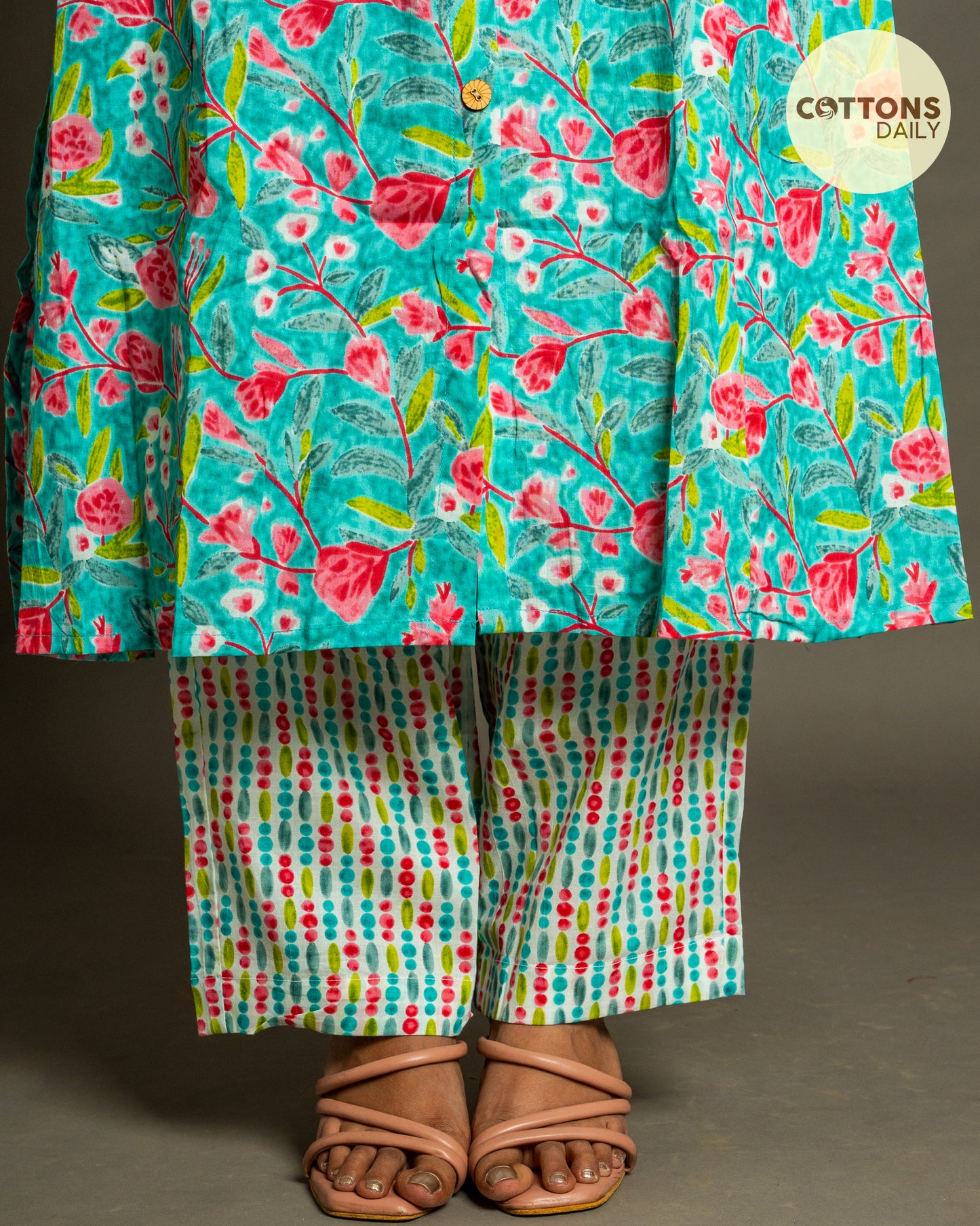 Blue Floral A-Line Cotton Kurta Set