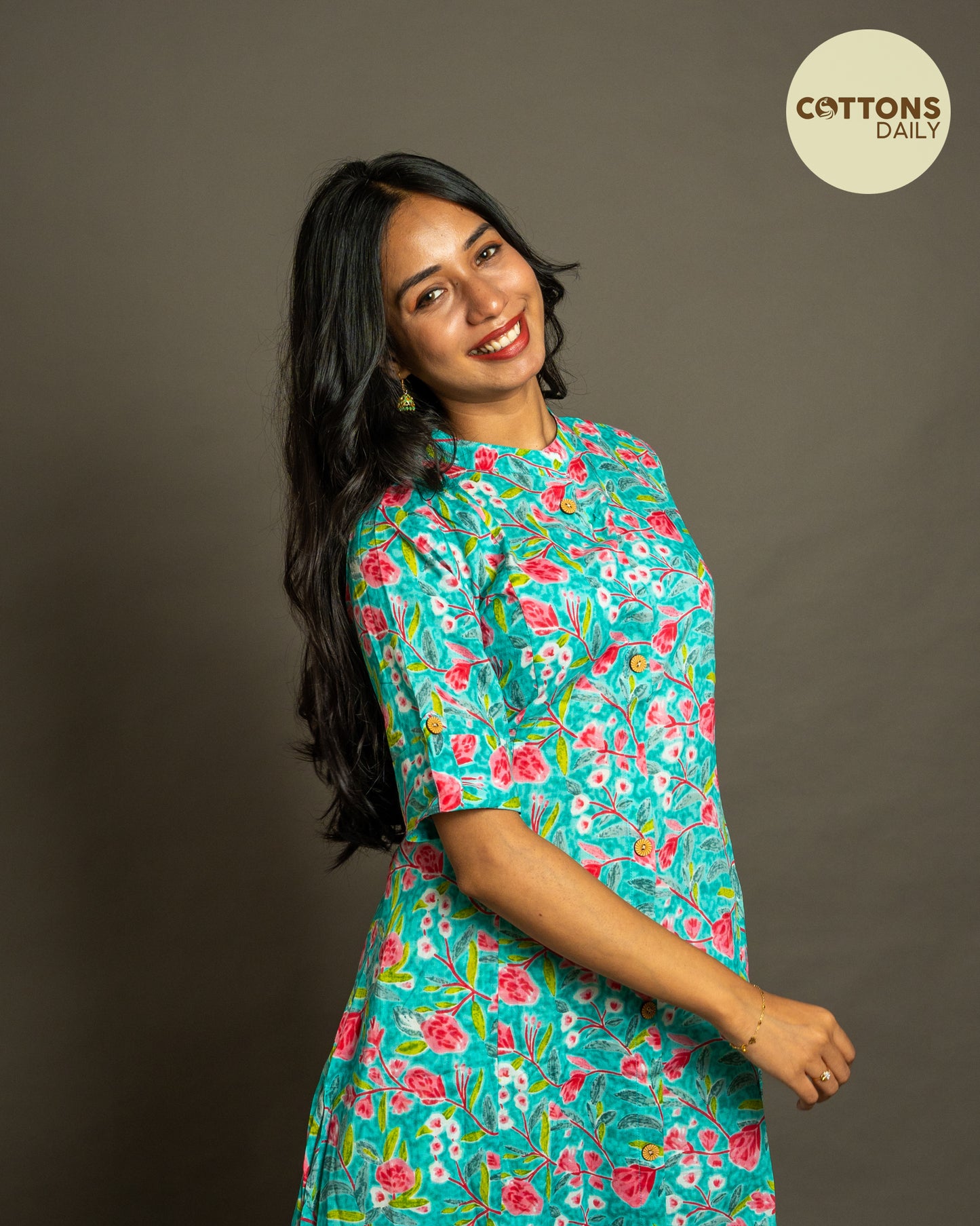 Blue Floral A-Line Cotton Kurta Set