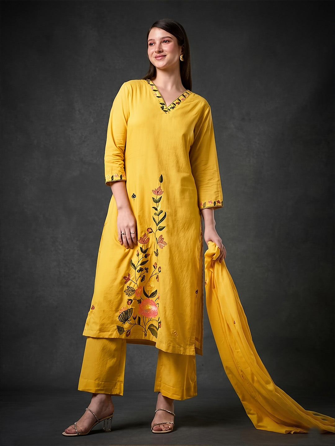 Yellow Embroidered Cotton Suit