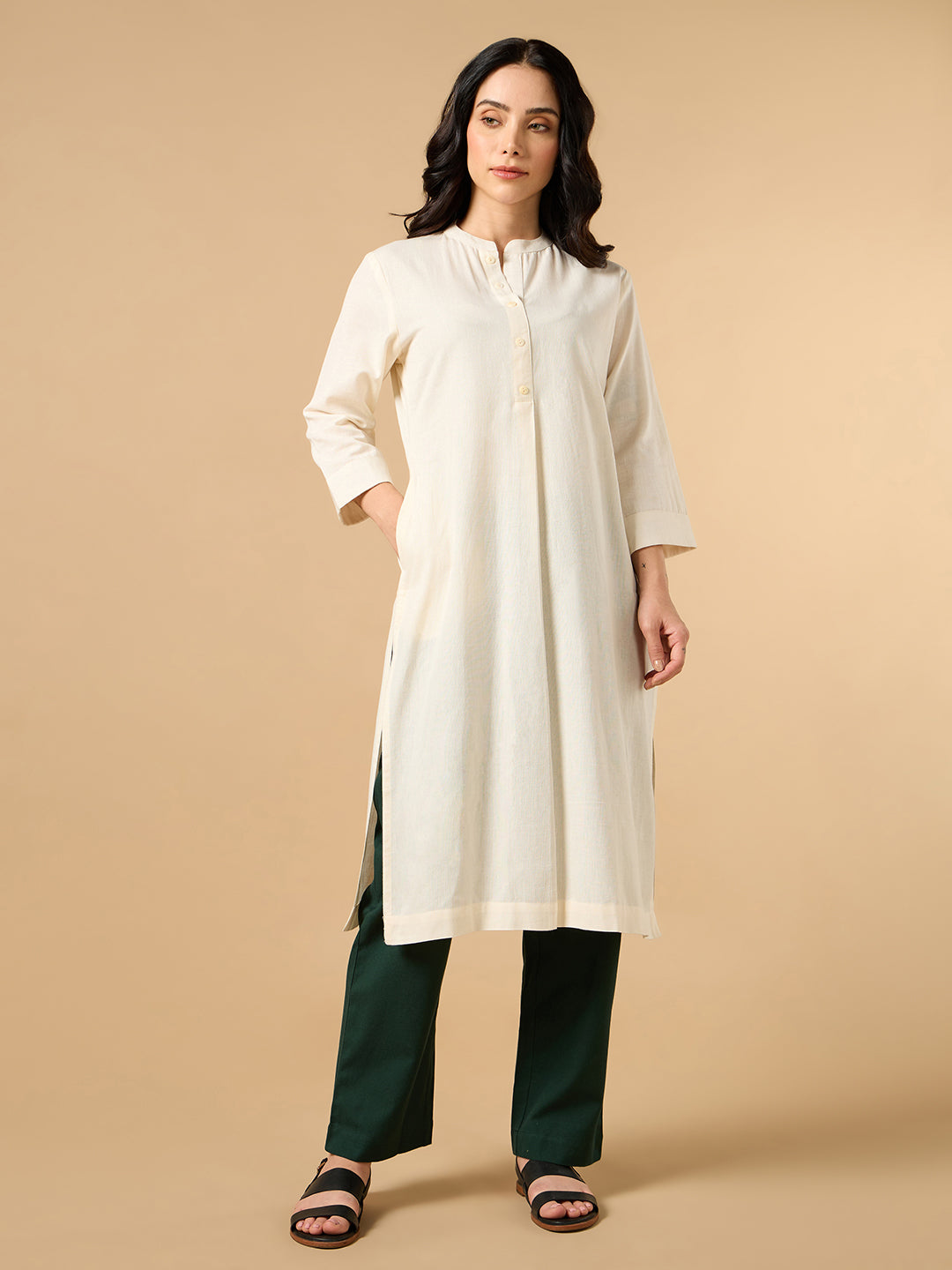 Classic Linen Off White Straight Long Kurta