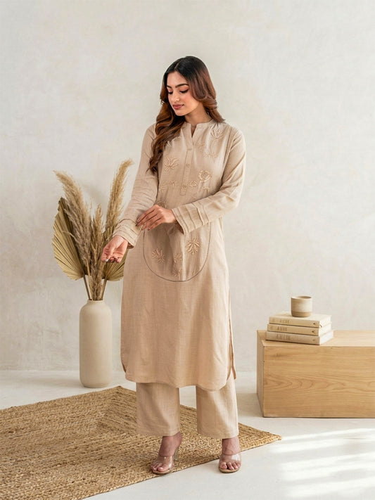 Beige Pearl Work linen Coord Set