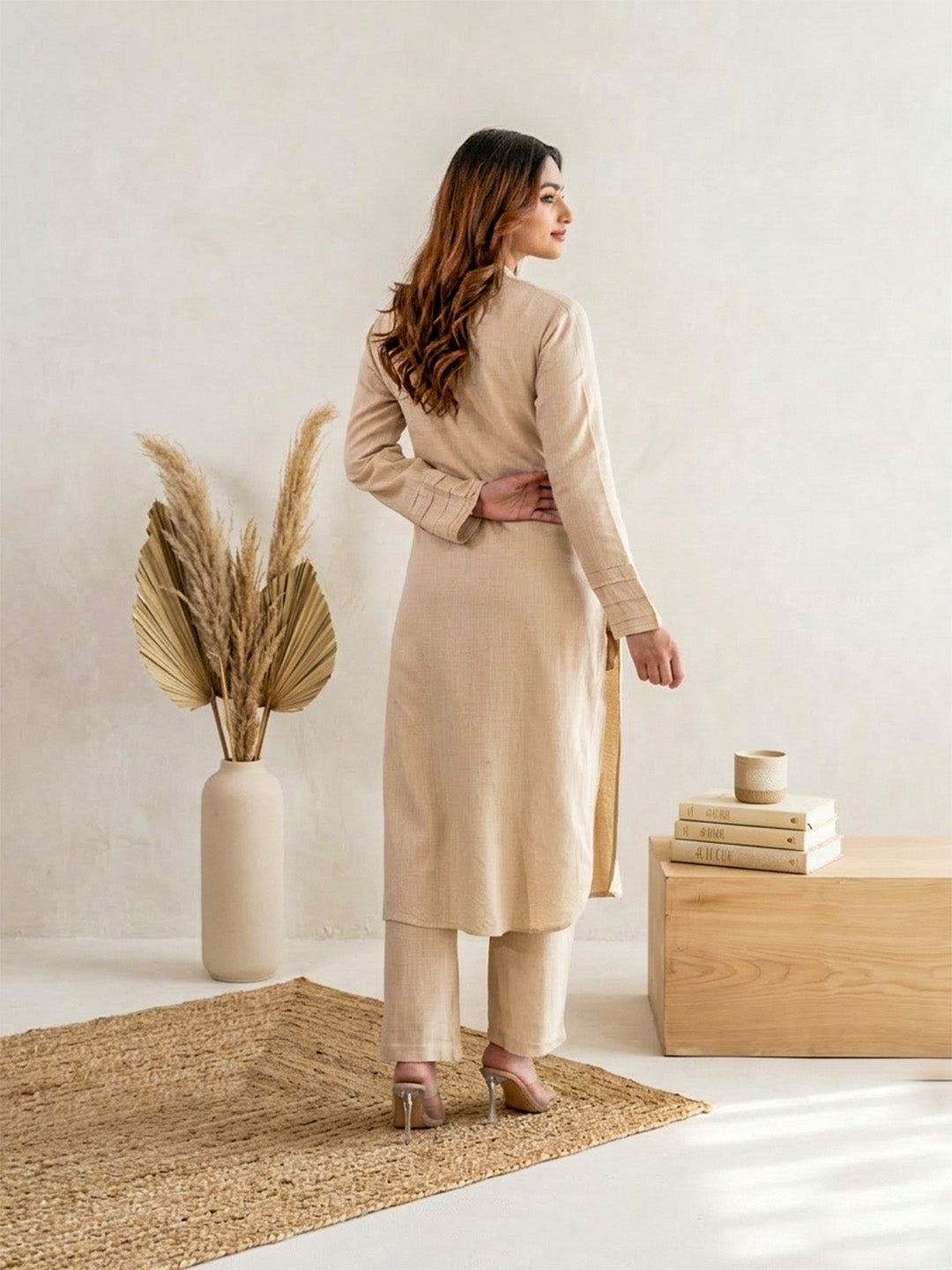 Beige Pearl Work linen Coord Set