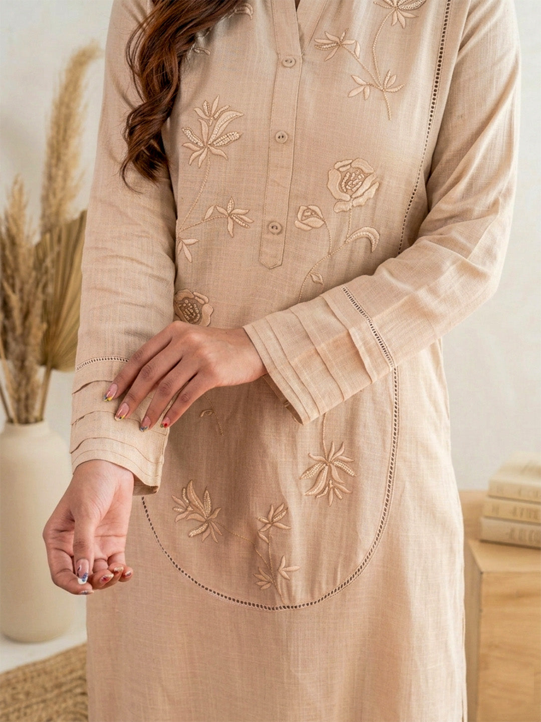 Beige Pearl Work linen Coord Set