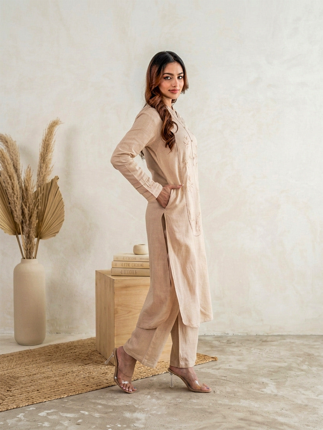 Beige Pearl Work linen Coord Set