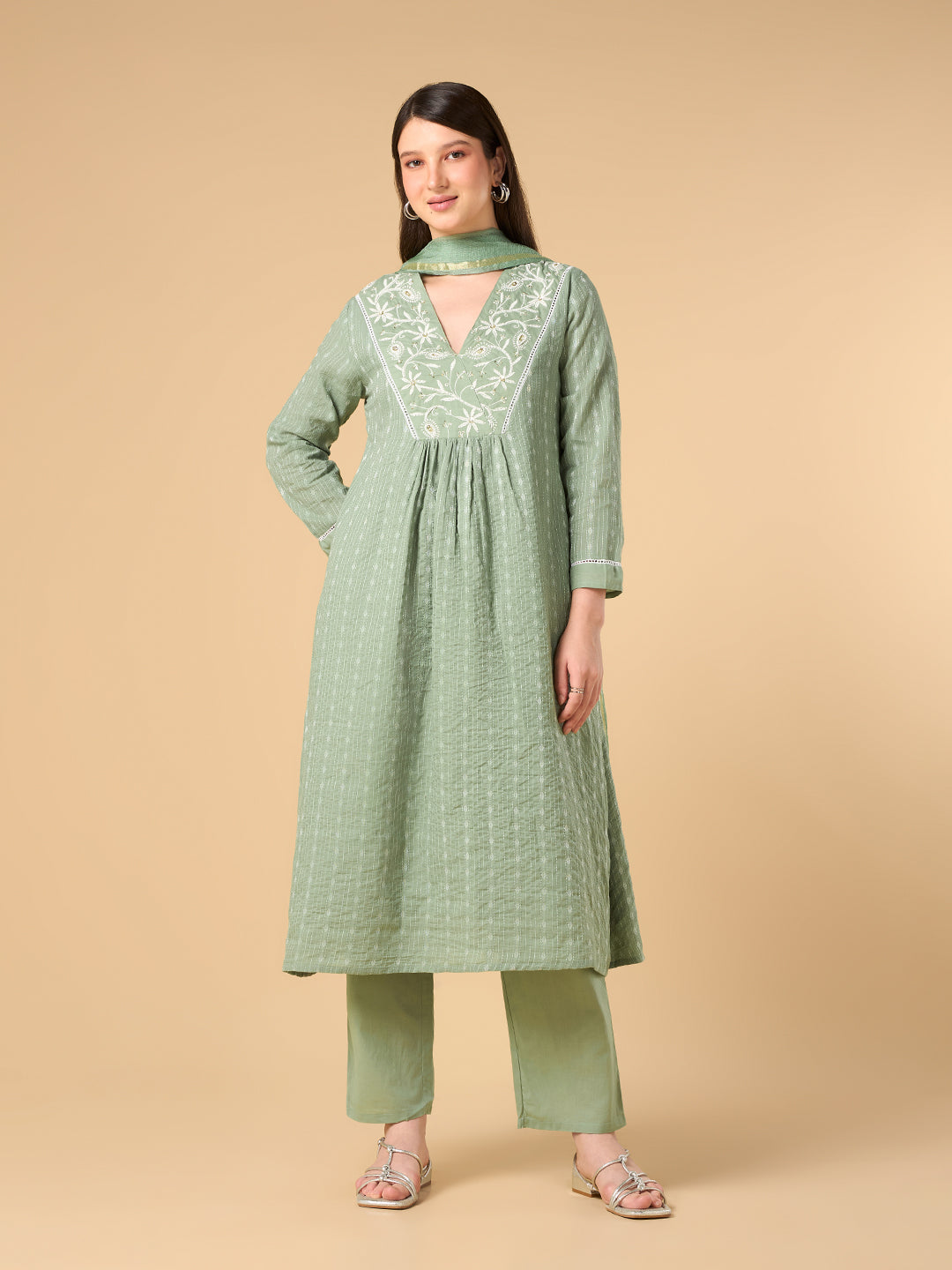 Pista Green Pearl Work Cotton Suit