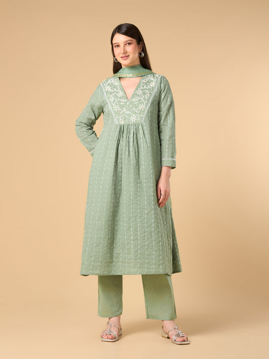 Pista Green Pearl Work Cotton Suit