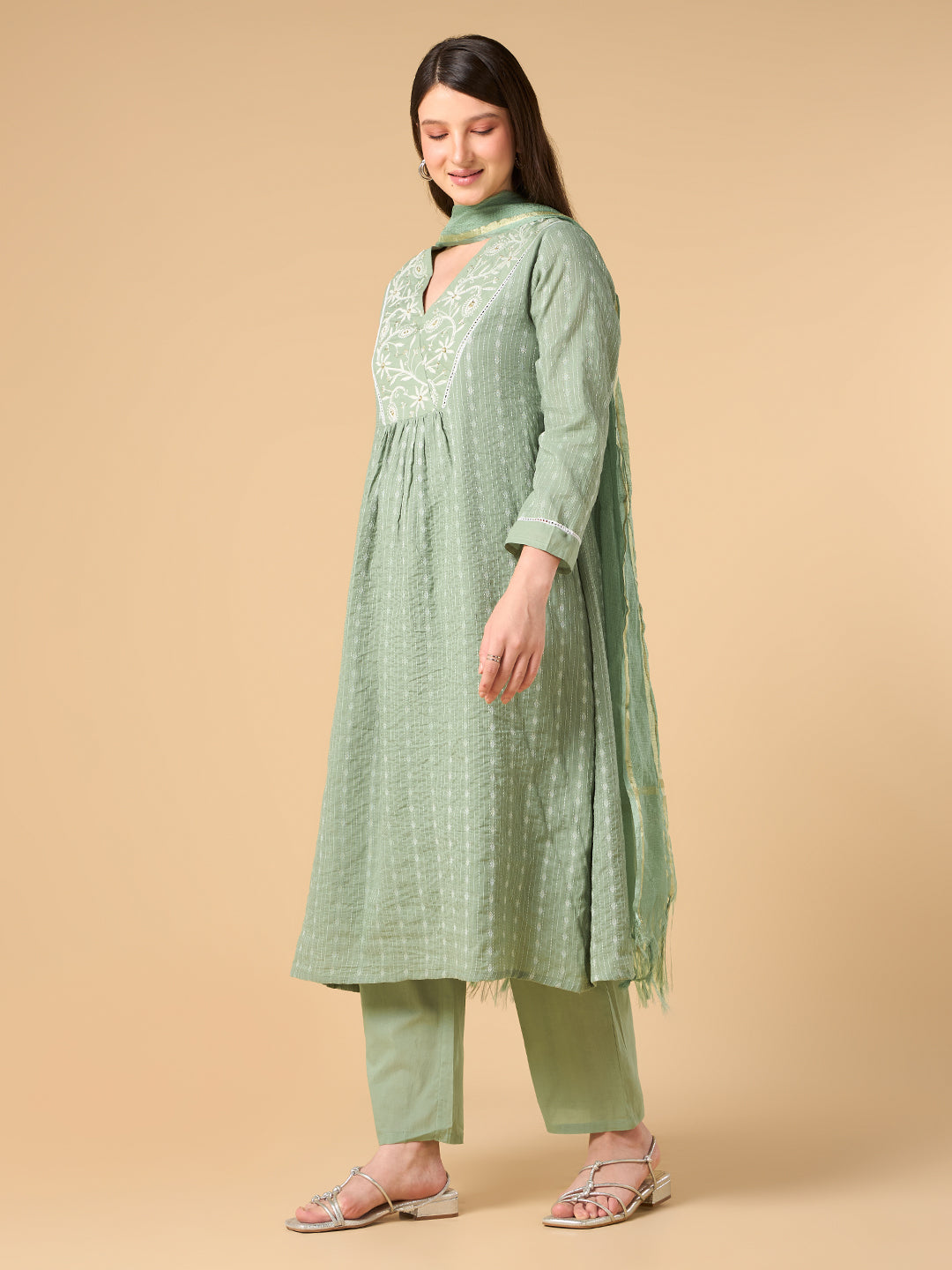 Pista Green Pearl Work Cotton Suit