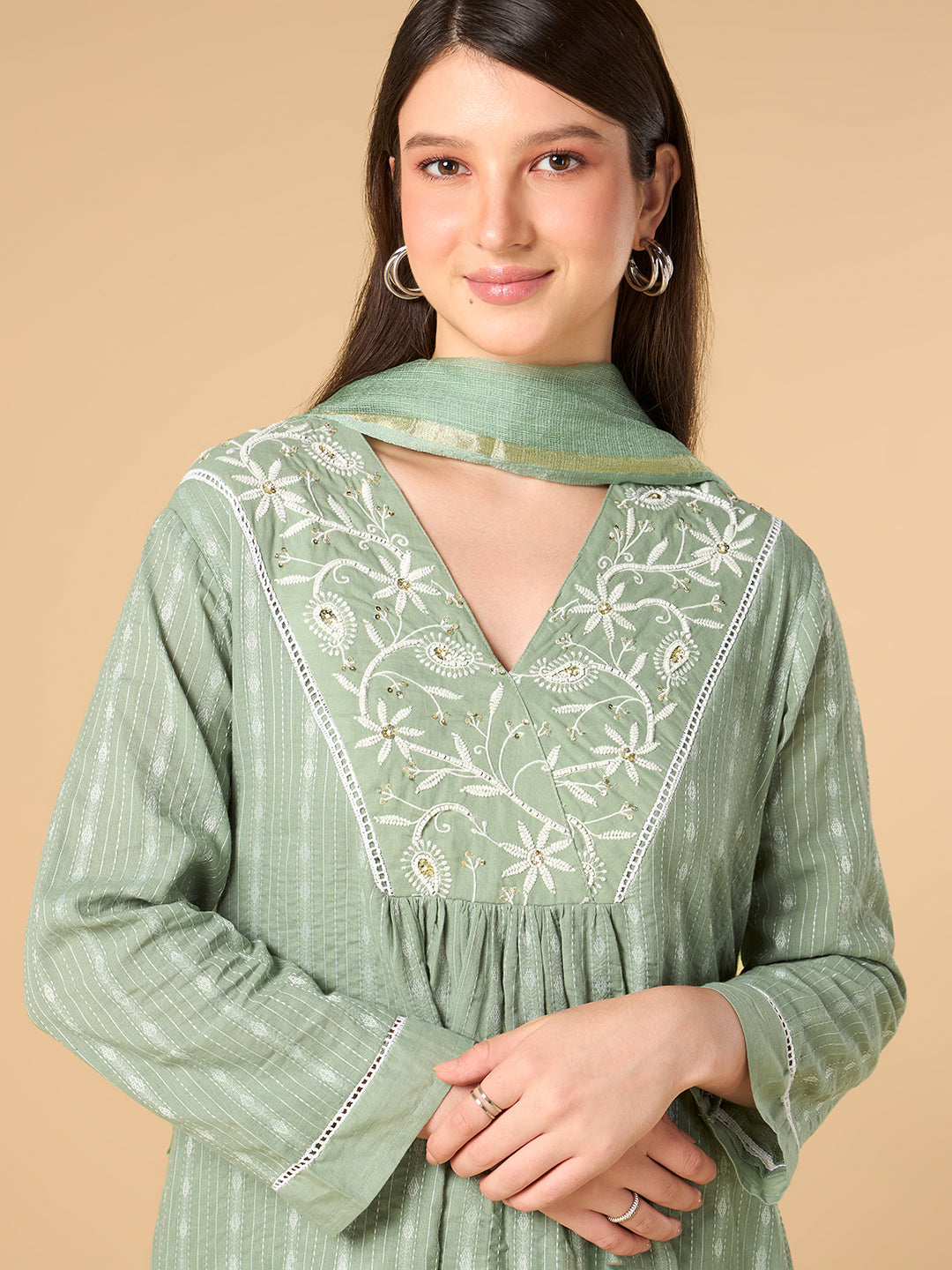 Pista Green Pearl Work Cotton Suit