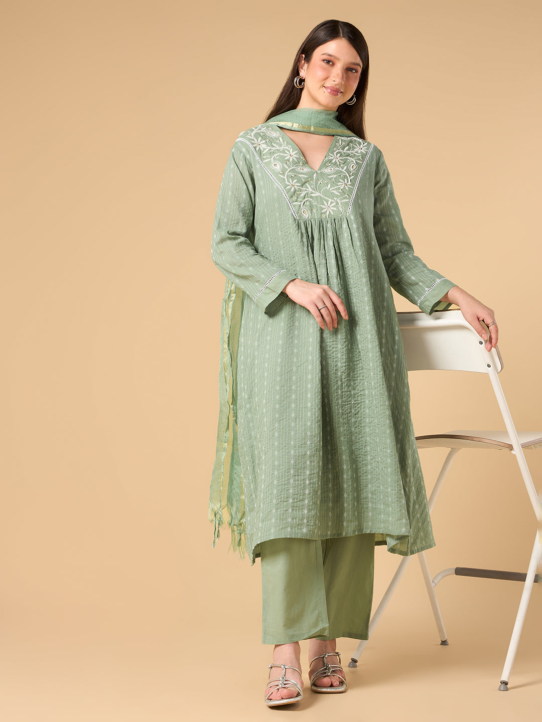 Pista Green Pearl Work Cotton Suit