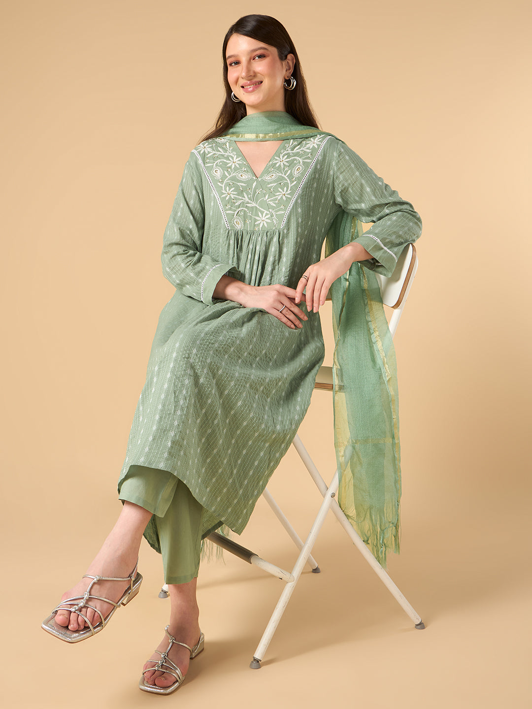 Pista Green Pearl Work Cotton Suit
