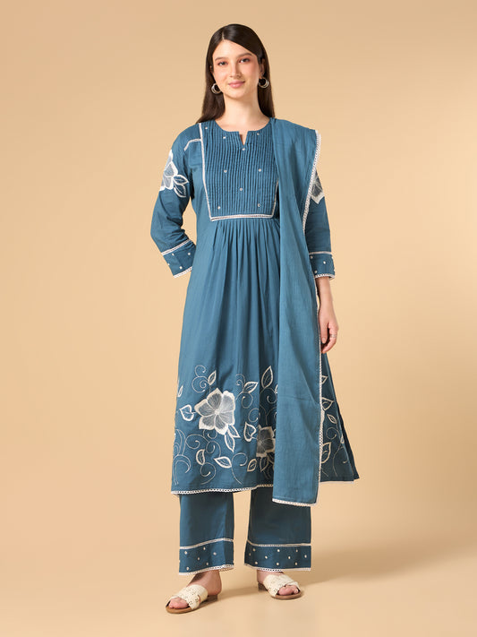 Steel Blue Floral Print Cotton suit
