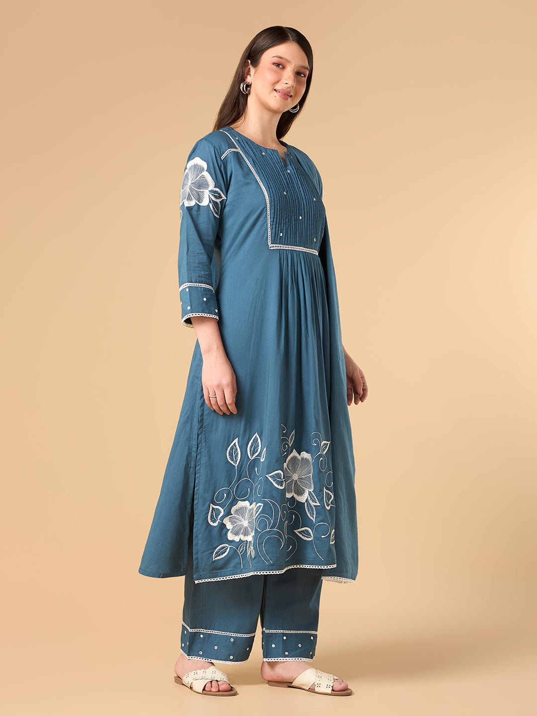 Steel Blue Floral Print Cotton suit