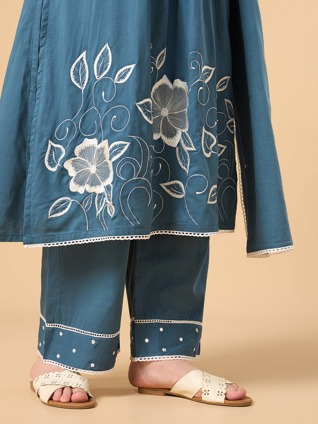 Steel Blue Floral Print Cotton suit