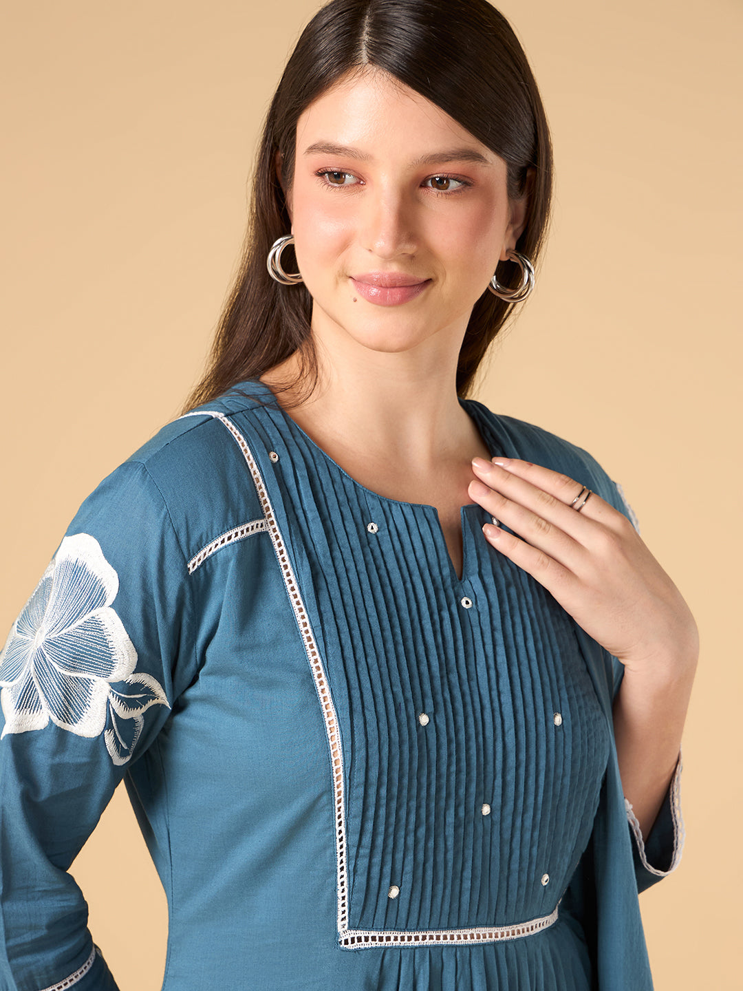 Steel Blue Floral Print Cotton suit