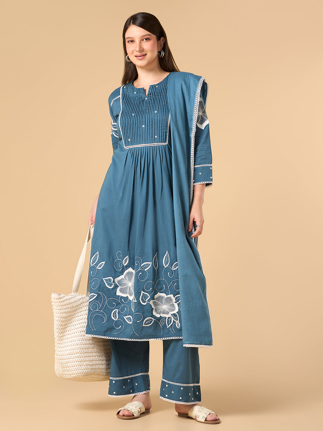 Steel Blue Floral Print Cotton suit