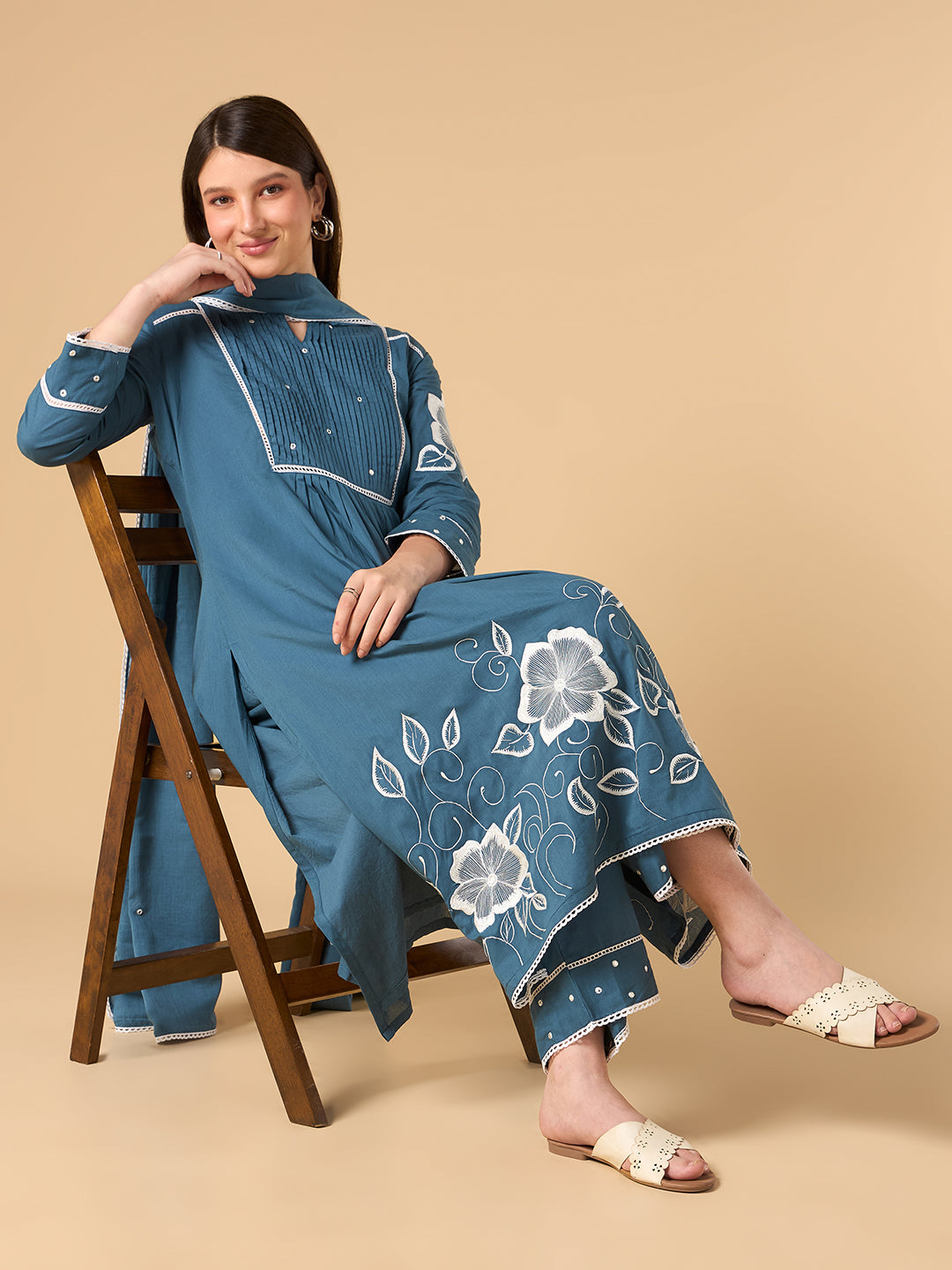 Steel Blue Floral Print Cotton suit