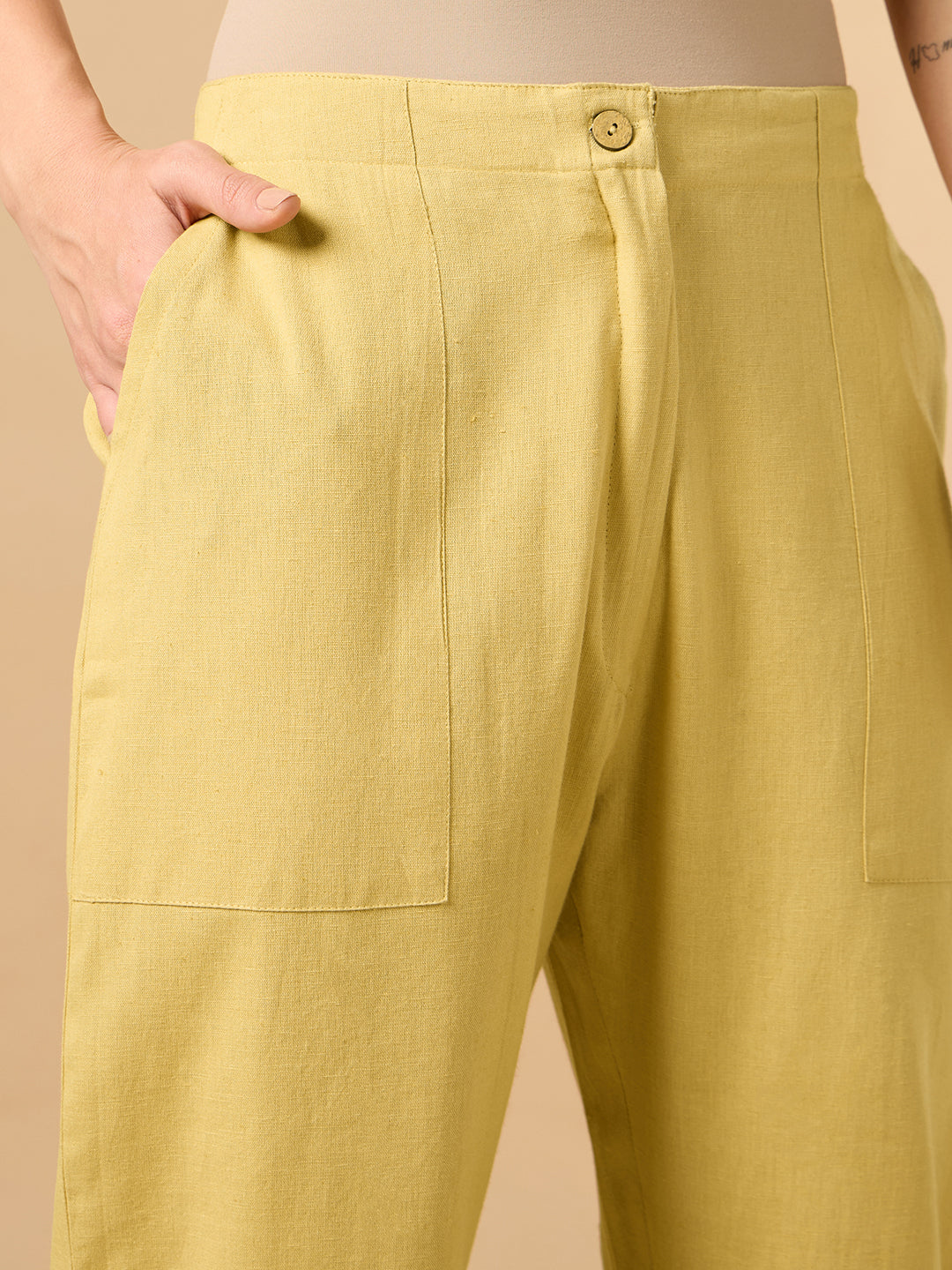 Yellow Cotton Smart Pant