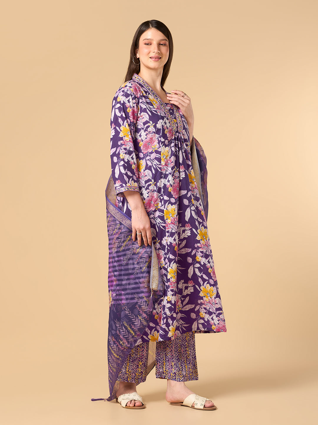 Dark Purple Tropical Printed Cotton Suit
