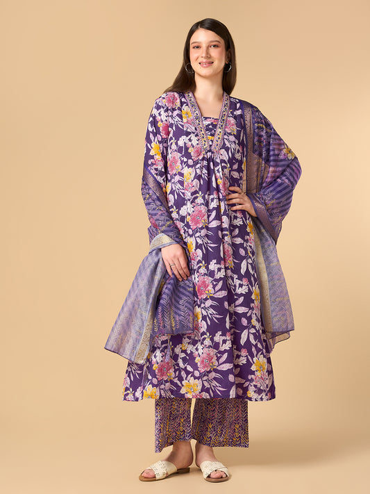Dark Purple Tropical Printed Cotton Suit