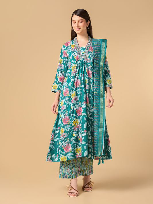 Dark Turquoise Tropical Printed Cotton Suit