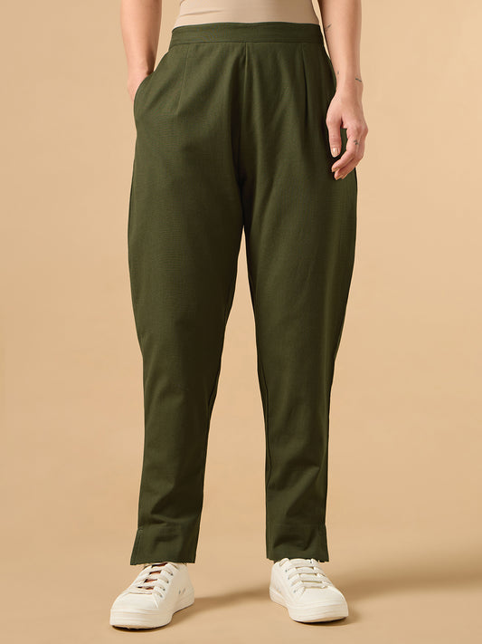 Olive Green Cotton Straight Pant