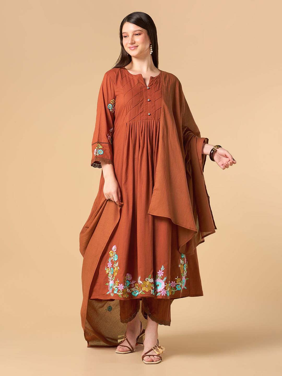 Amber Orange Embroidered Cotton Suit