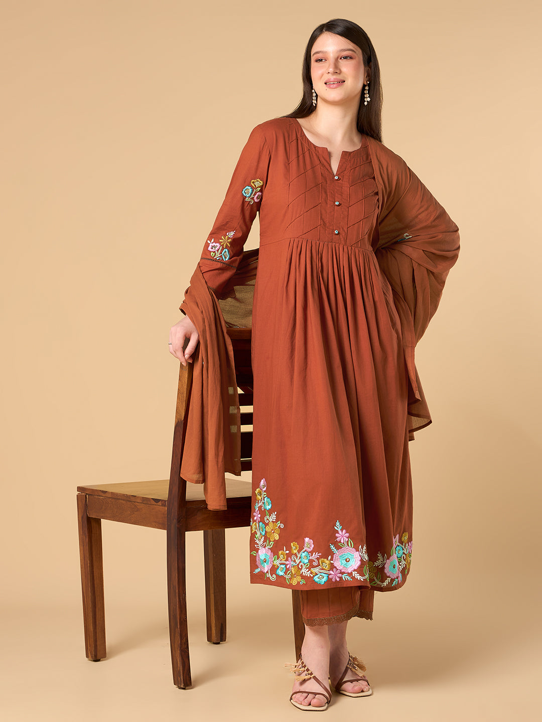 Amber Orange Embroidered Cotton Suit