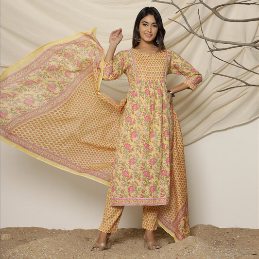 Yellow Lily Printed Cotton Suit