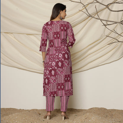 Wine Abstract Printed Cotton Suit