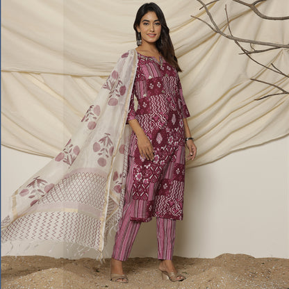 Wine Abstract Printed Cotton Suit