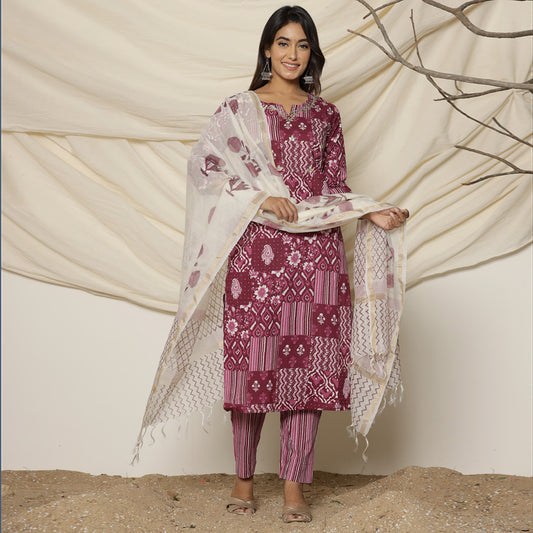 Wine Abstract Printed Cotton Suit