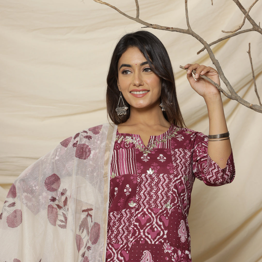 Wine Abstract Printed Cotton Suit