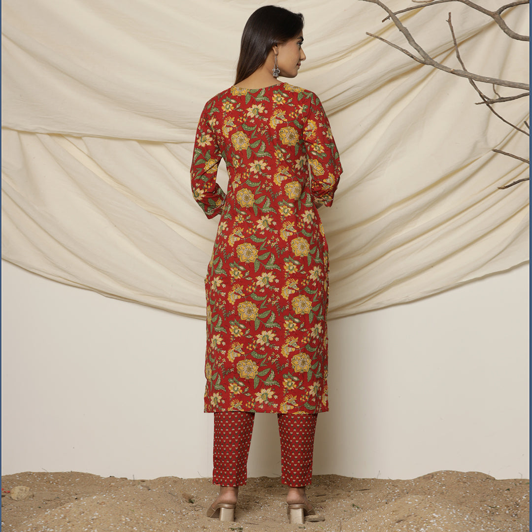 Red Dahlia Floral Printed Cotton Suit