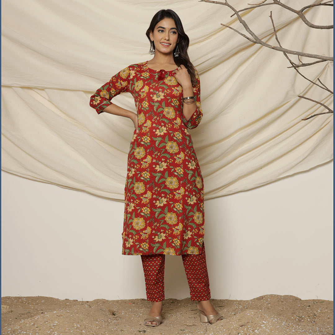 Red Dahlia Floral Printed Cotton Suit