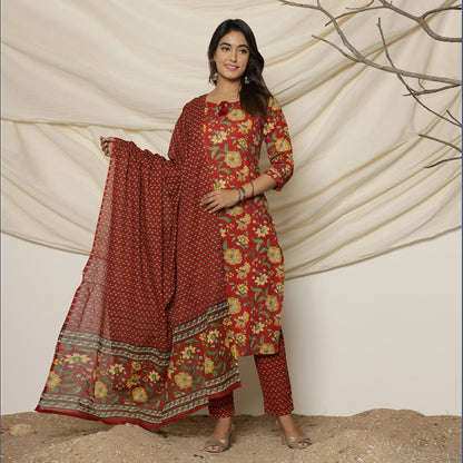 Red Dahlia Floral Printed Cotton Suit