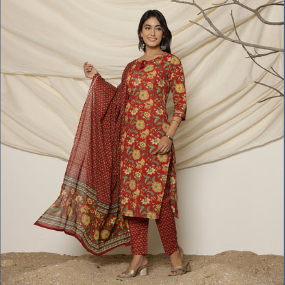 Red Dahlia Floral Printed Cotton Suit